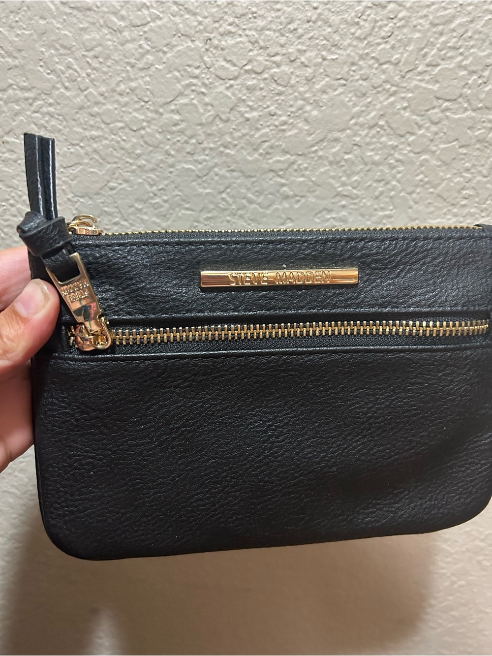 Steve Madden Black Leather Wristlet with Gold Hardware